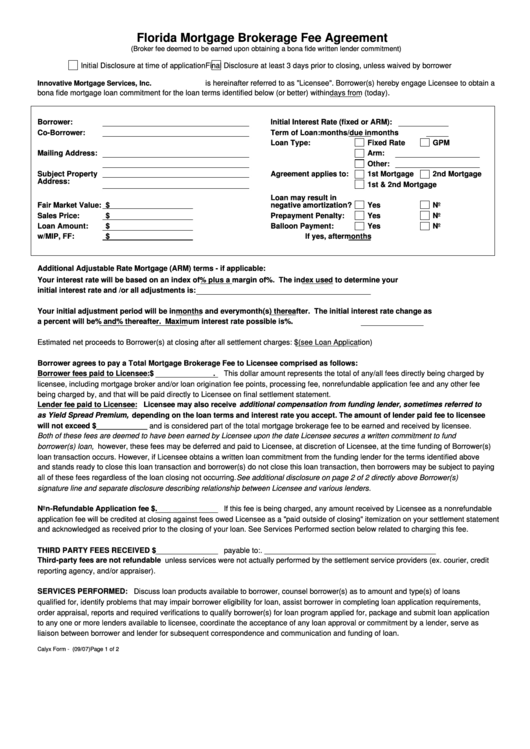 Florida Mortgage Brokerage Fee Agreement Form Printable pdf