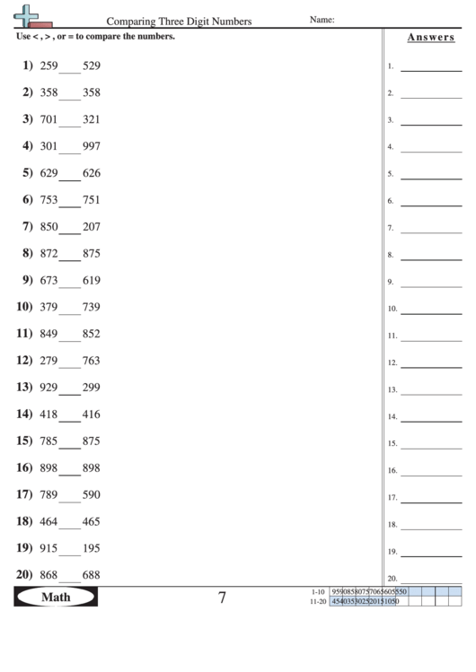 Comparing Three Digit Numbers Worksheet With Answer Key Printable pdf