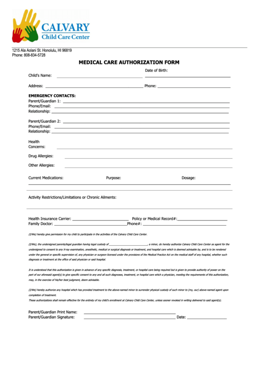 Medical Care Authorization Form - Calvary Child Care Hawaii Printable pdf
