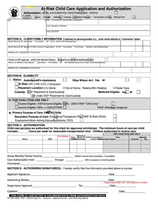 Fillable At-Risk Child Care Application And Authorization printable pdf ...