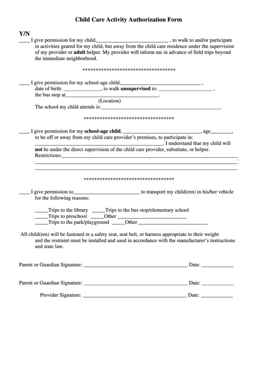 Child Care Activity Authorization Form Printable pdf