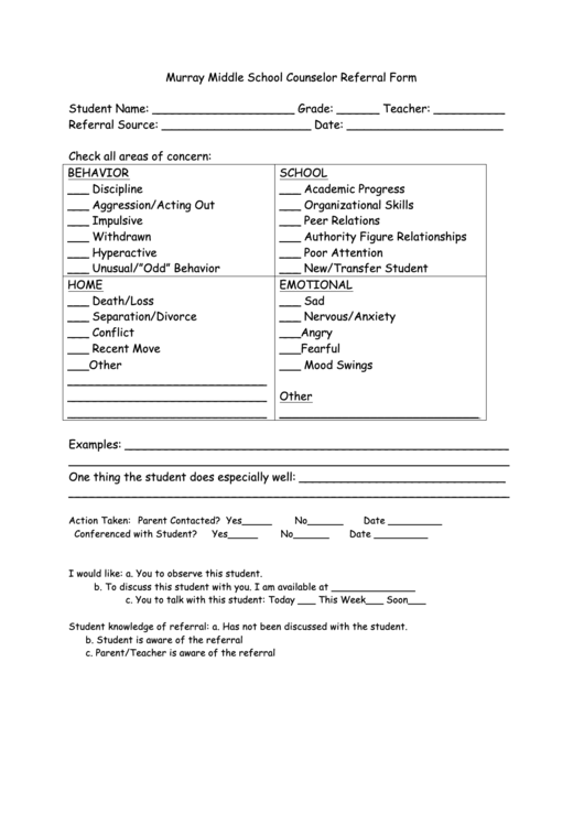 Murray Middle School Counselor Referral Form Printable pdf