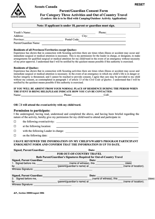 Fillable Scouts Canada Parent/guardian Consent Form Printable pdf