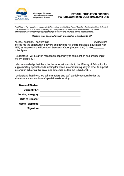 Special Education Funding: Parent/guardian Confirmation Form Printable pdf