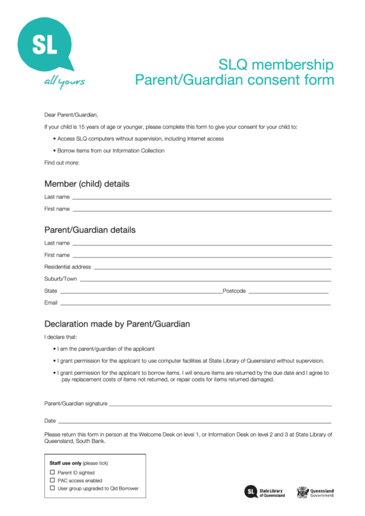 Slq Membership Parent/guardian Consent Form Printable pdf
