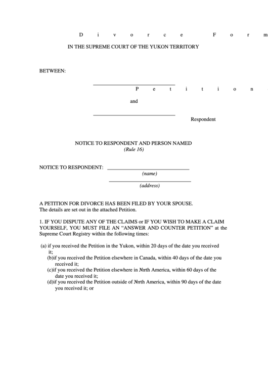 Divorce Form 3 In The Supreme Court Of The Yukon Territory Printable pdf