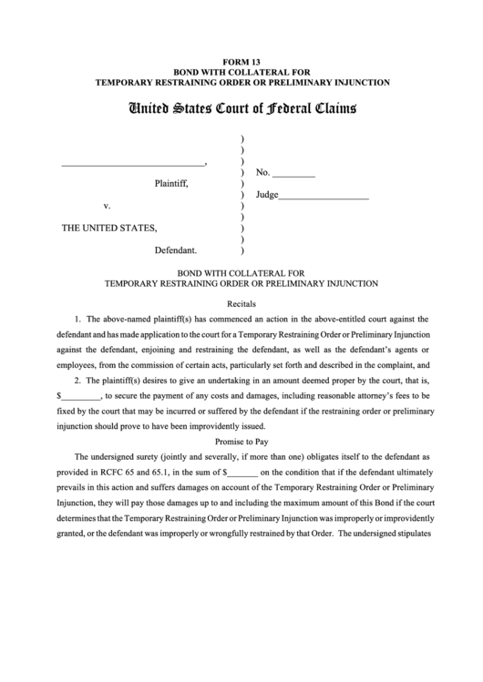 Fillable Bond With Collateral For Temporary Restraining Order Or Preliminary Injunction - United States Court Of Federal Claims Printable pdf