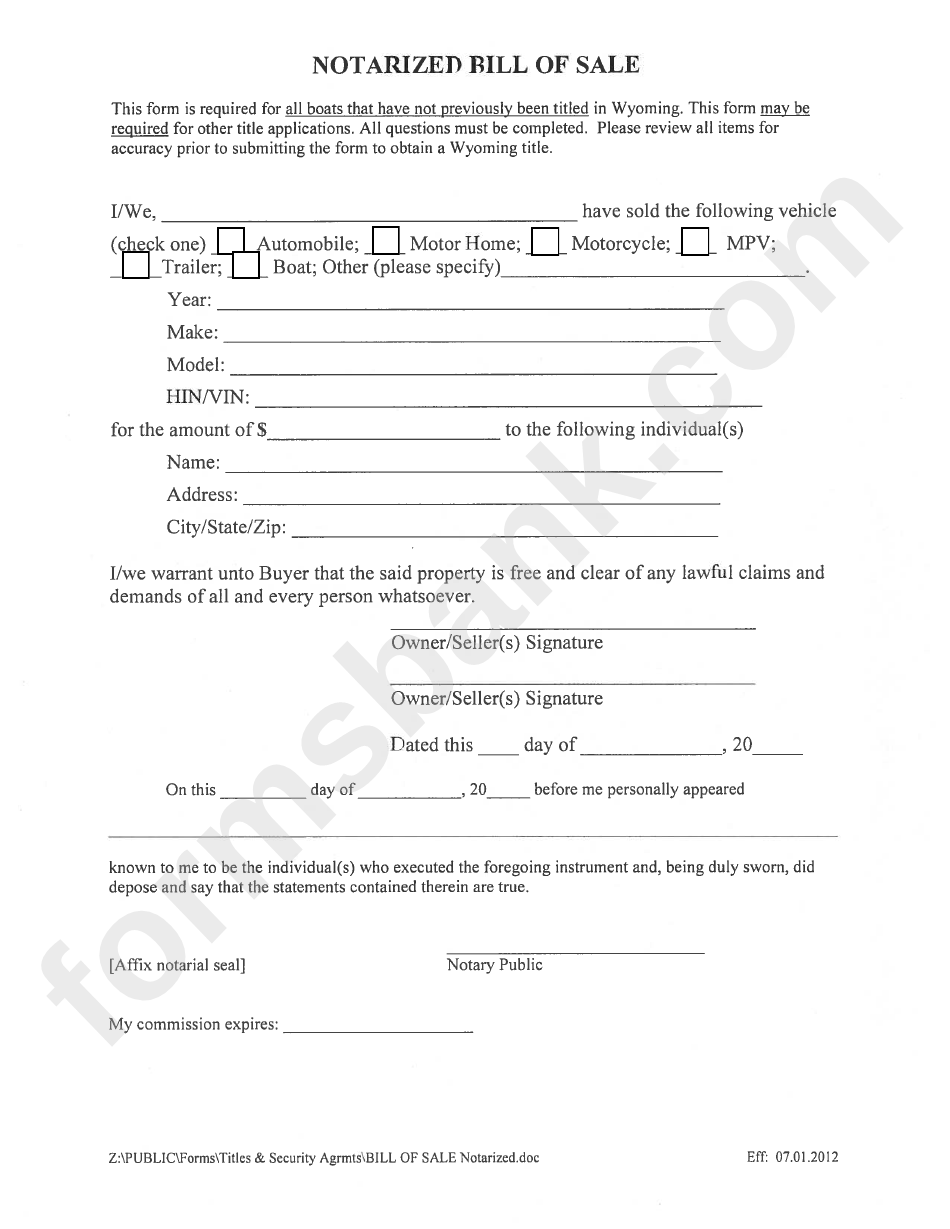 notarized bill of sale sample