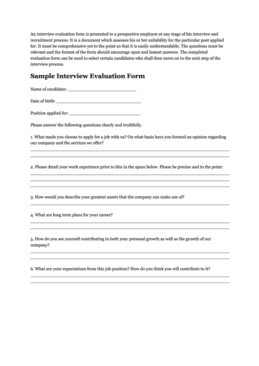 Sample Interview Evaluation Form Printable pdf