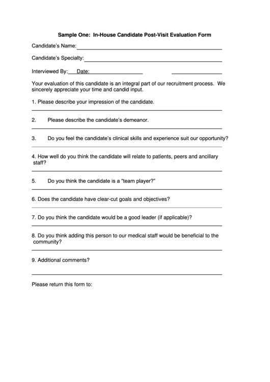 In-House Candidate Post-Visit Evaluation Form Printable pdf