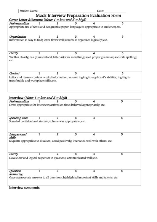 Mock Interview Preparation Evaluation Form Printable pdf