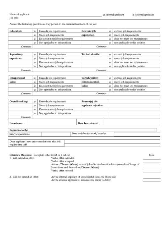 Job Interview Evaluation Form Printable pdf