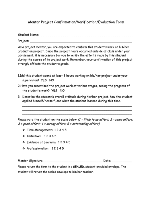 Mentor Project Confirmation / Verification / Evaluation Form Printable pdf