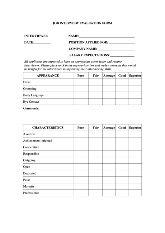 Job Interview Evaluation Form Printable pdf