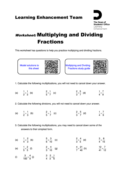 Multiplying And Dividing Fractions Worksheet Printable pdf