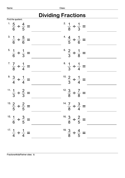 Dividing Fractions printable pdf download