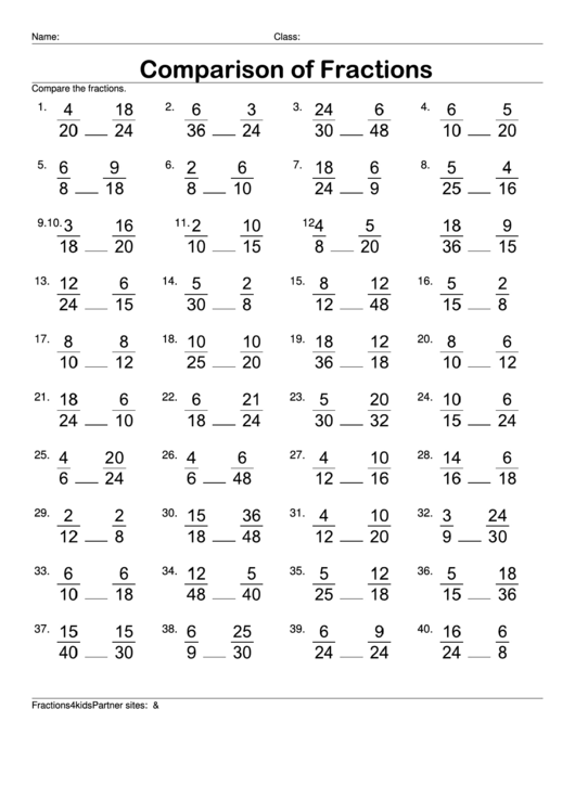 Comparison Of Fractions Worksheet With Answers Printable pdf
