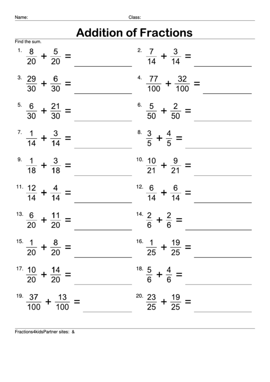 Addition Of Fractions Worksheet With Answer Key Printable pdf