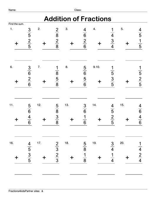 Addition Of Fractions Worksheet With Answer Key Printable pdf