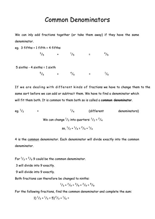 Common Denominators Worksheet printable pdf download