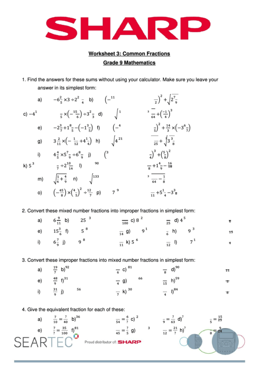 Common Fractions Worksheet Printable pdf