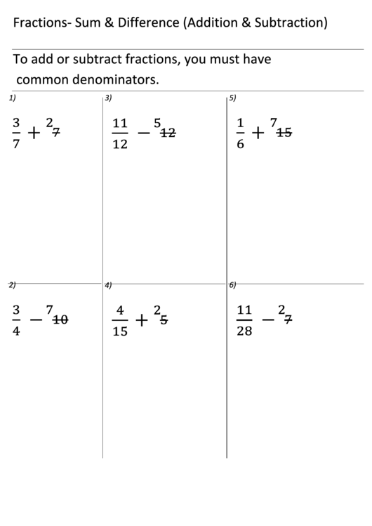Fractions - Sum & Difference Worksheet Printable pdf