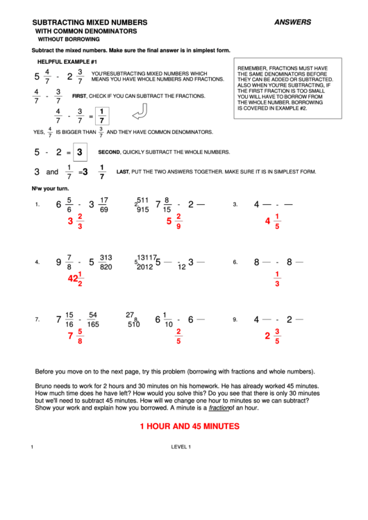 Subtracting Mixed Numbers Worksheet Printable pdf