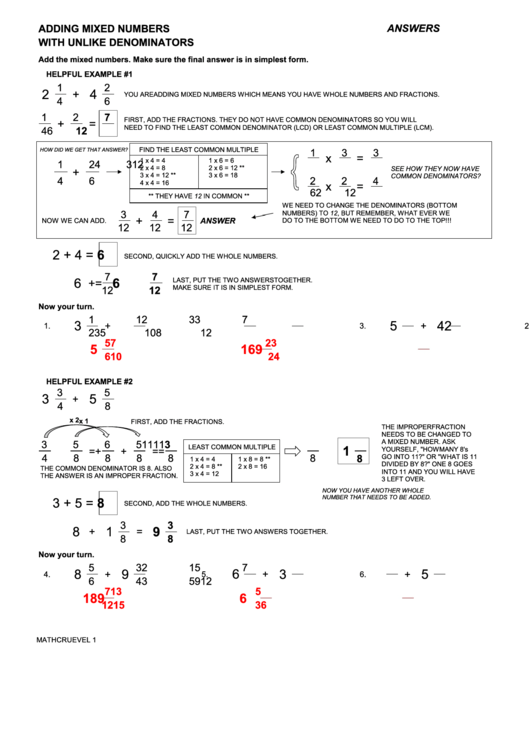 Adding Mixed Numbers With Unlike Denominators Worksheet Printable pdf