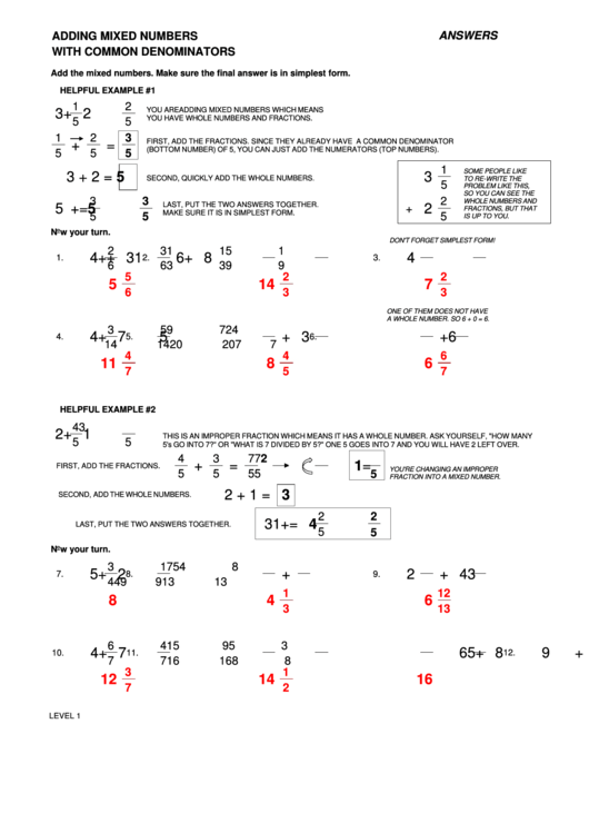 Adding Mixed Numbers With Common Denominators Worksheet Printable pdf
