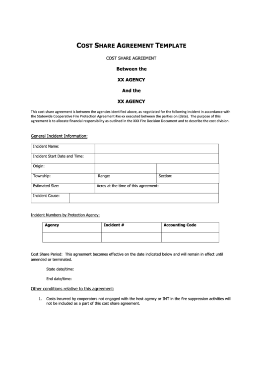 Cost Share Agreement Template Printable pdf
