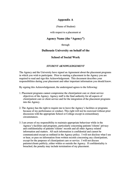 Student Acknowledgement Agreement Template - Dalhousie University Printable pdf
