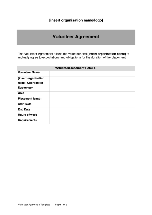 Volunteer Agreement Template - Mhcc Organisation Builder (Mob) Printable pdf