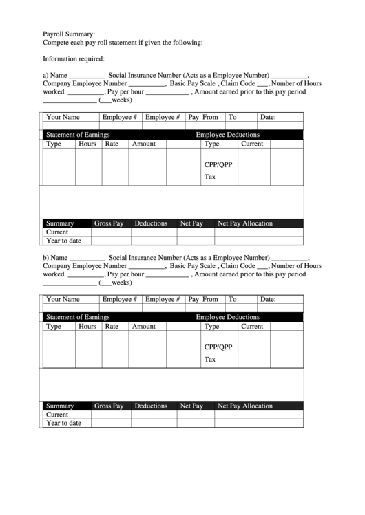 Payroll Summary Template Printable pdf