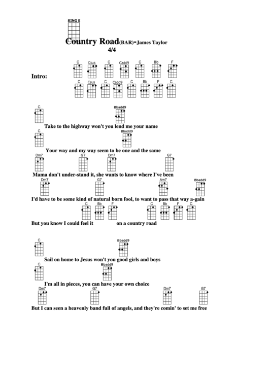 Country Road (Bar) - James Taylor Chord Chart Printable pdf