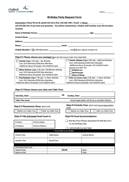 Birthday Party Request Form - Chabot Space & Science Center Printable pdf