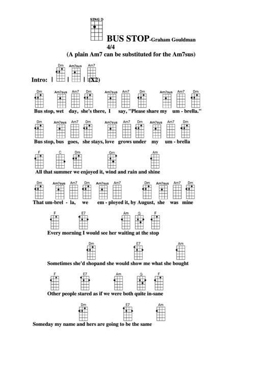 Bus Stop Graham Gouldman Chord Chart printable pdf download