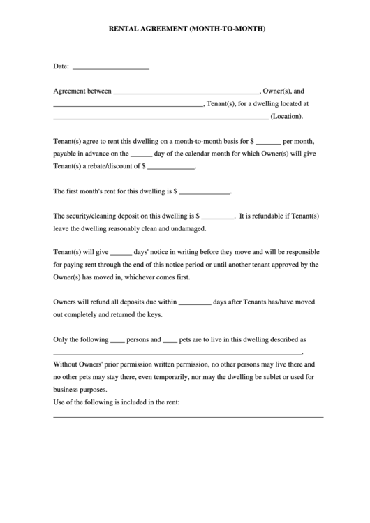 Fillable Rental Agreement Template (Month-To-Month) Printable pdf