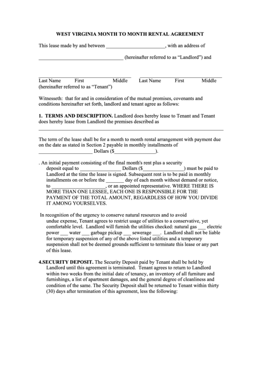 Fillable West Virginia Month To Month Lease Agreement Template Printable pdf