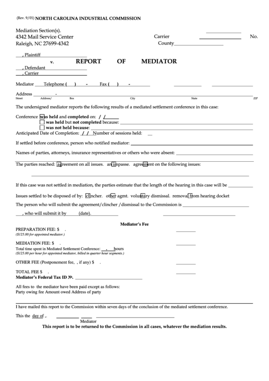Report Of Mediator Form - North Carolina Printable pdf