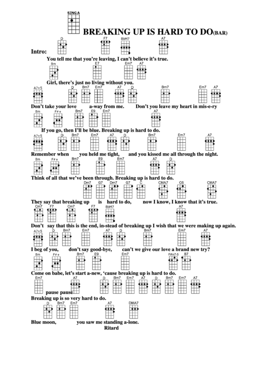 Breaking Up Is Hard To Do(Bar) Chord Chart Printable pdf