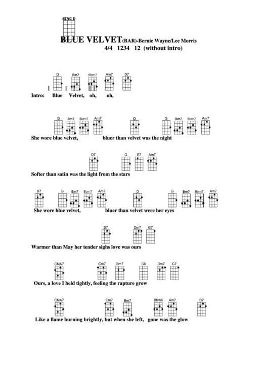 Blue Velvet (Bar) - Bernie Wayne/lee Morris Chord Chart Printable pdf