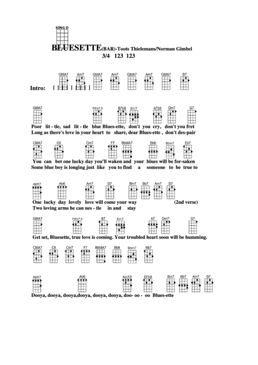 Bluesette (Bar) - Toots Thielemans/norman Gimbel Chord Chart Printable pdf