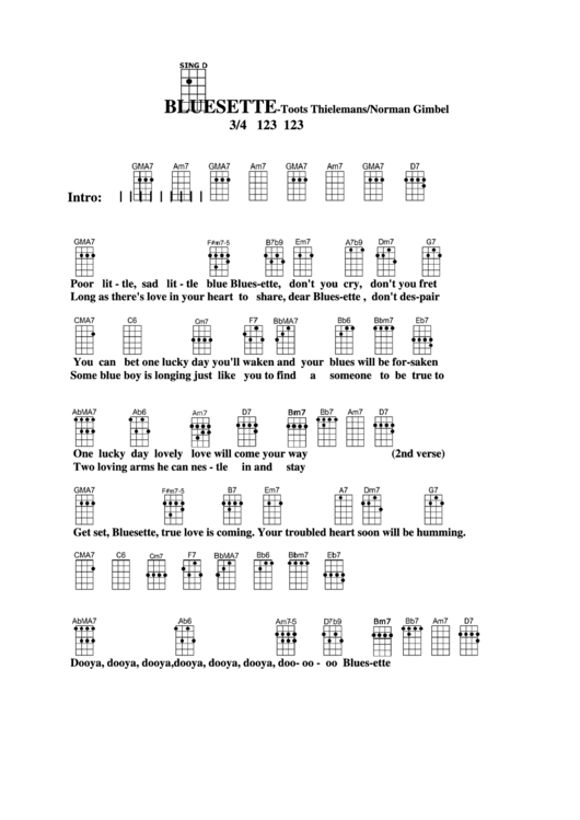 Bluesette - Toots Thielemans/norman Gimbel Chord Chart Printable pdf