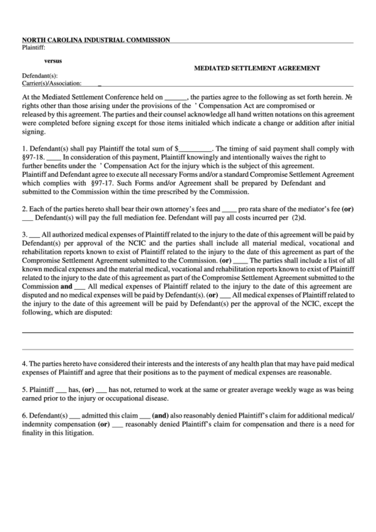 Mediated Settlement Agreement printable pdf download