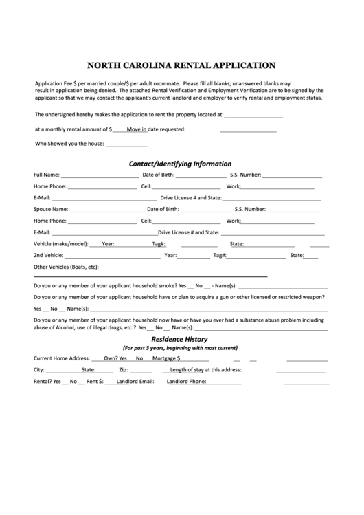 Fillable North Carolina Rental Application Printable pdf