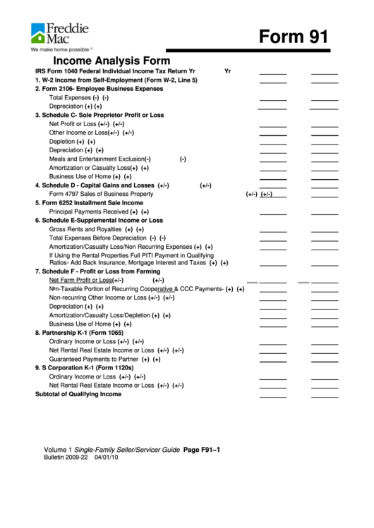 Fillable Form 91 - Income Analysis Form Printable pdf