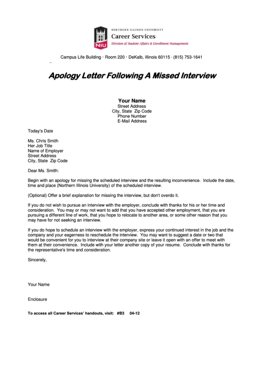 Apology Letter Following A Missed Interview Printable pdf