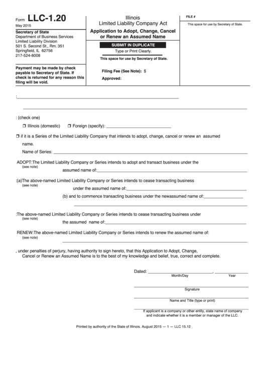 Fillable Form Llc-1.20 - Application To Adopt, Change, Cancel Or Renew An Assumed Name - 2015 Printable pdf