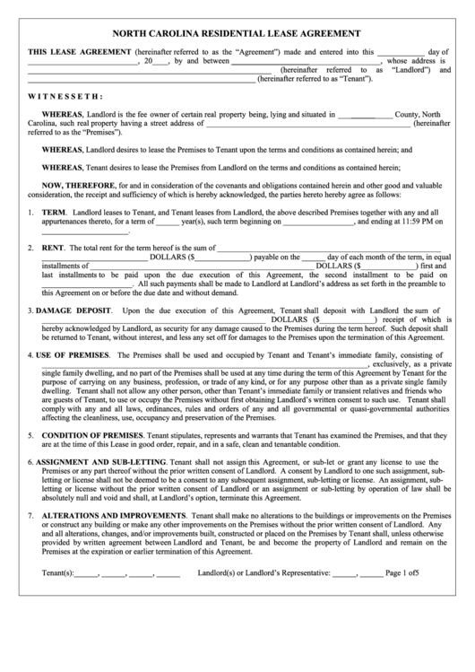 Fillable Northcarolinaresidentialleaseagreement Form Printable pdf