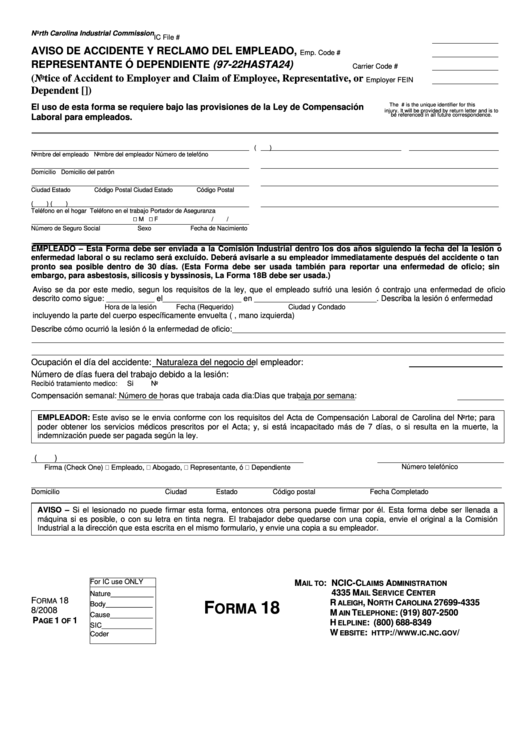 Notice Of Accident To Employer And Claim Of Employee Representative Form Printable pdf